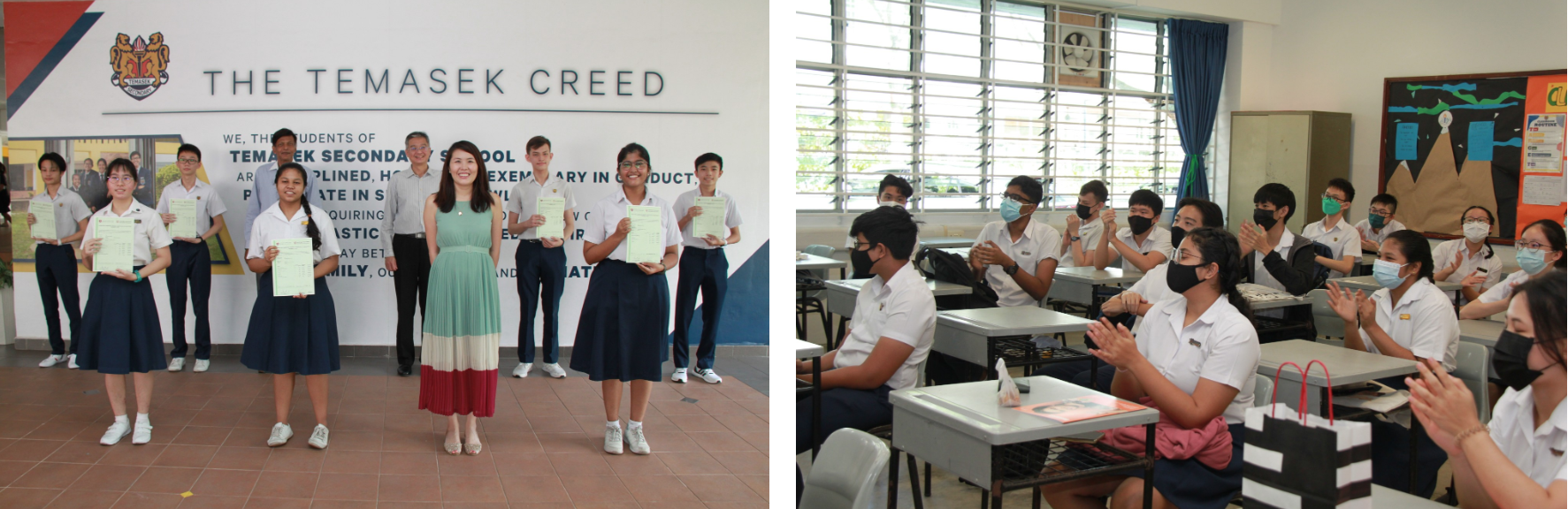 Students holding certificates stand before The Temasek Creed wall; masked students clap in a classroom.